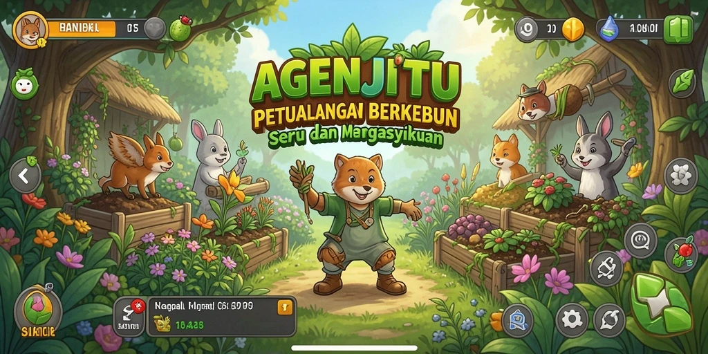 Screenshot gameplay AGENJITU menunjukkan suasana berkebun yang menawan dan interaktif.