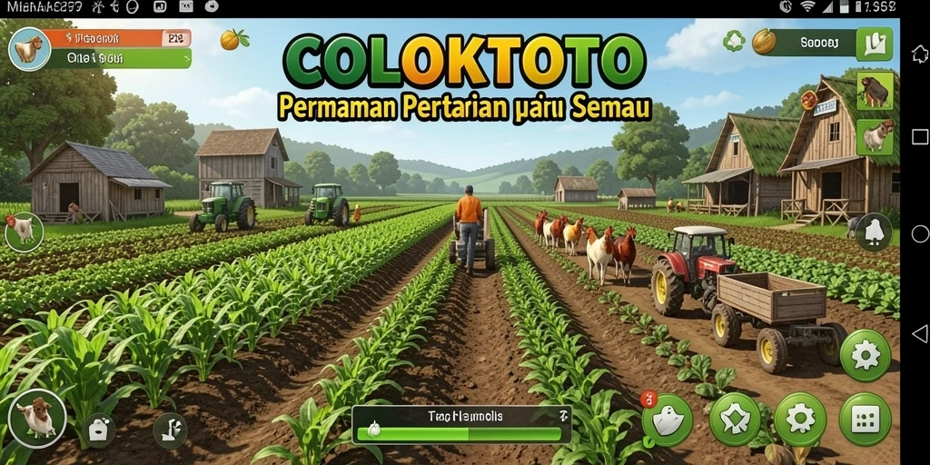 Screenshot gameplay COLOKTOTO menampilkan pertanian yang subur dan aktif.