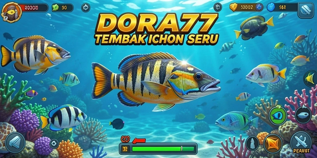 Screenshot menunjukkan aksi seru menembak ikan di DORA77.