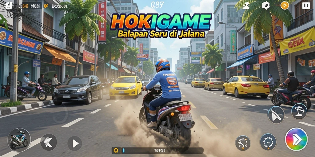 Screenshot gameplay HOKIGAME yang menunjukkan mobil balap di trek.