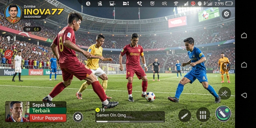 Tampilan gameplay INOVA77 dengan aksi sepak bola yang mendebarkan.
