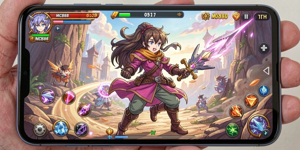Tampilan gameplay menarik dari MC888 dengan karakter anime yang dinamis.