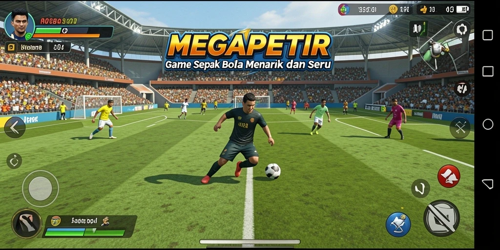 Tampilan gameplay <strong>MEGAPETIR</strong> dengan aksi sepak bola seru.