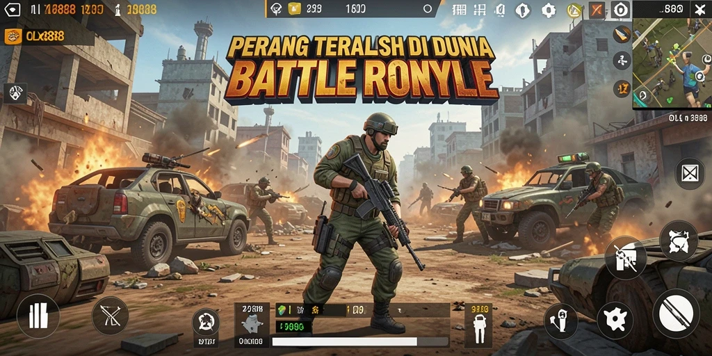 Screenshot utama menampilkan aksi intens pertempuran di arena Battle Royale.