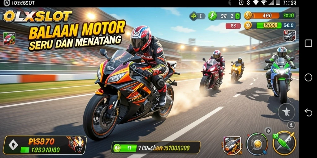 Screenshot utama dari gameplay seru OLXSLOT dengan balapan motor cepat.
