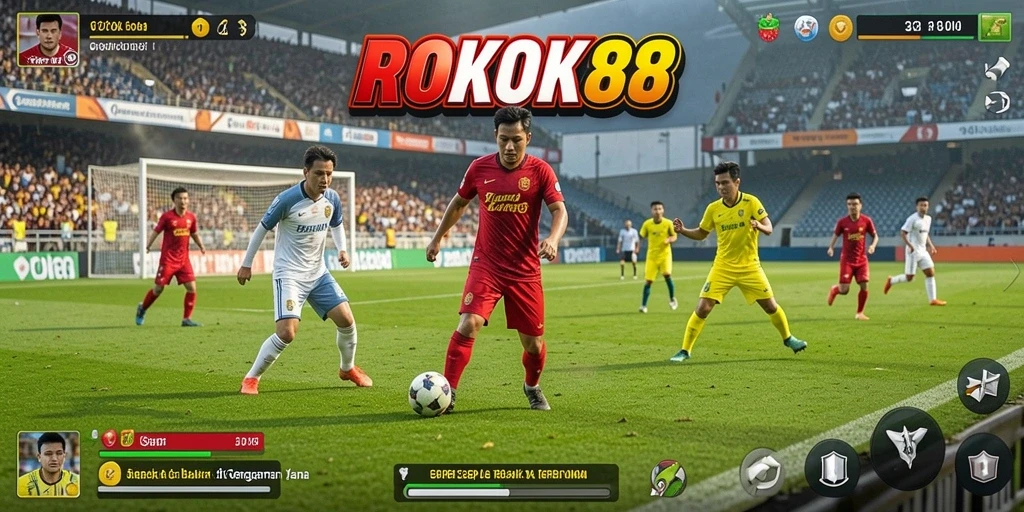Tampilan gameplay ROKOK88 yang menakjubkan dan penuh aksi sepak bola.