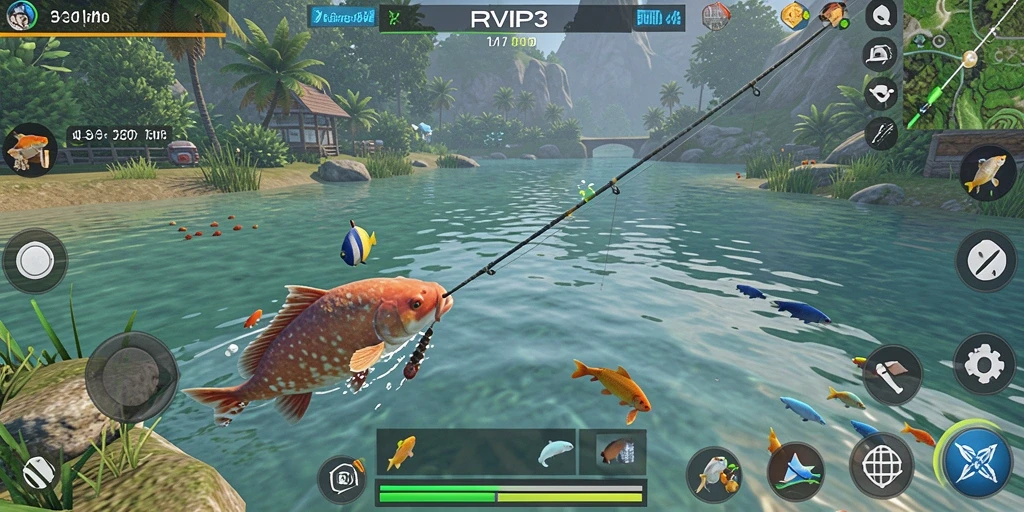 Tampilan gameplay menarik dari RVIP3 saat memancing di laut.