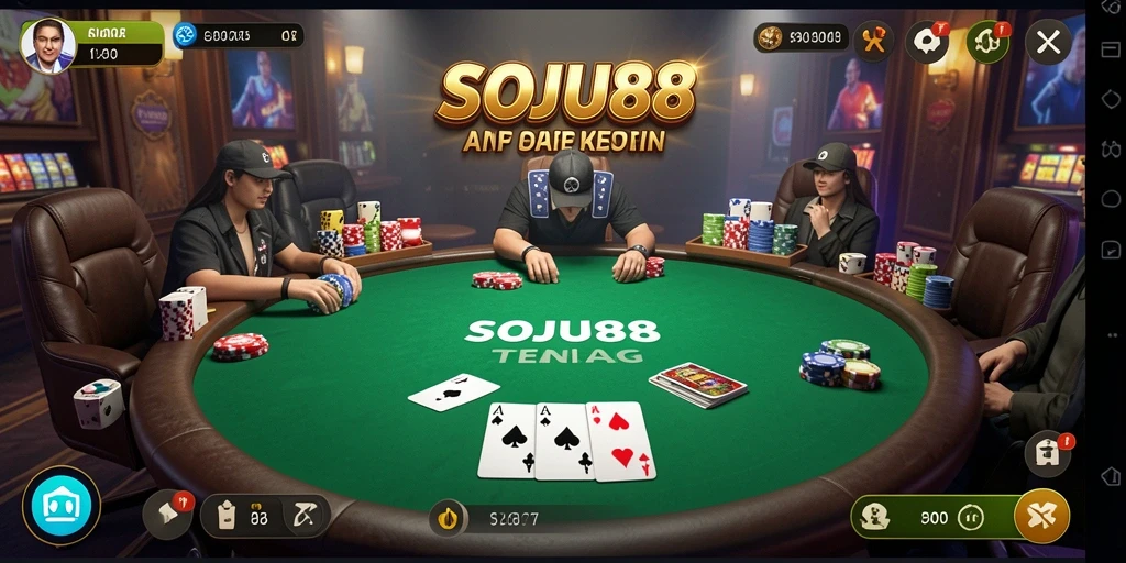 Screenshot gameplay SOJU88 menampilkan suasana poker yang mendebarkan.