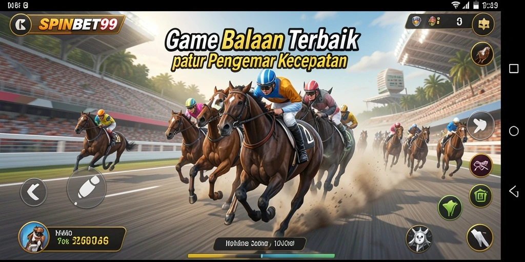 Screenshot gameplay balapan SPINBET99 dengan kendaraan dan trek menakjubkan.