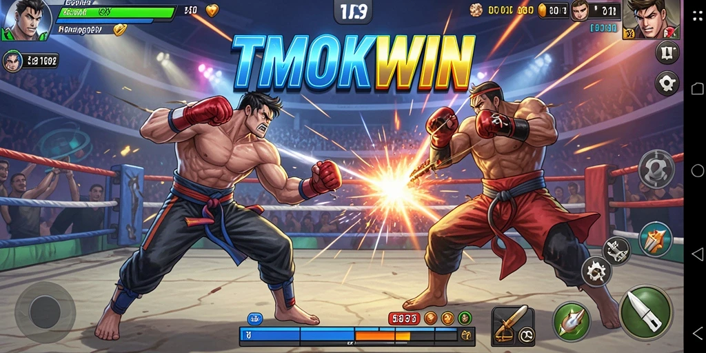 Screenshot gameplay TMOKWIN menampilkan aksi pertarungan yang seru dan mendebarkan.